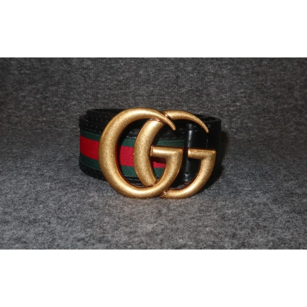 Gucci Green/Red Web Fabric & Leather, GG Logo Buckle Belt Size 44 / 110 cm